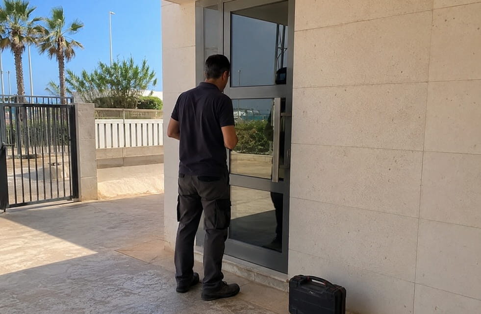 Cerrajero en Port Saplaya revisando una puerta de vivienda